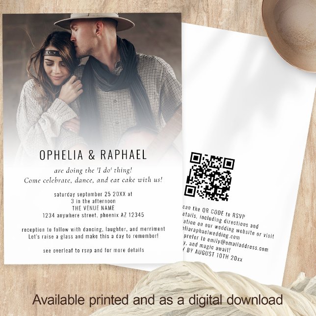Informell fotoöverlagring QR-kod Roligt Bröllop Inbjudningar (Front and back view)