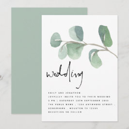 Informellt skript i vattenfärgen Eucalyptus Bröllo Inbjudningar