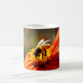 Infött bi i en orange blommamugg kaffemugg