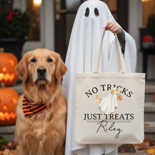 Inga försök bara Treat Funny Pun Ghost Hund Hallow Tygkasse (Collect candy treats in the cutest No Tricks Just Treat Funny Pun Ghost Dog Halloween Tote Bag! )