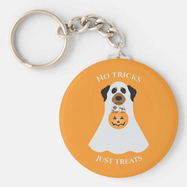 Inga trick bara Treats Halloween-Hund Nyckelring (Framsidan)