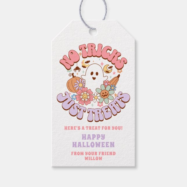 Inga trick bara Treats Halloween Retro Groovy Ghos Presentetikett (Framsidan)