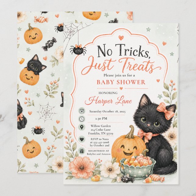 Inga tricks bara godsaker Halloween Baby Shower Ka Inbjudningar (Fram/baksida)