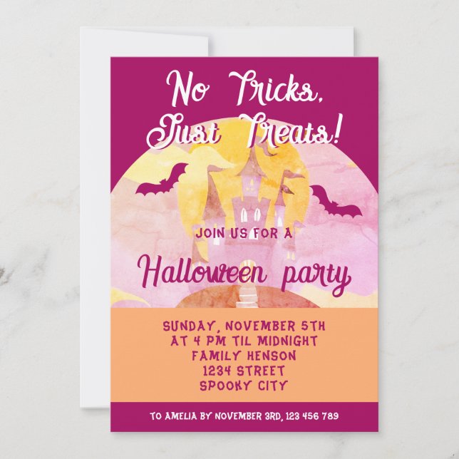 Inga tricks bara godsaker Spökigt slott Halloween Inbjudningar (Framsida)