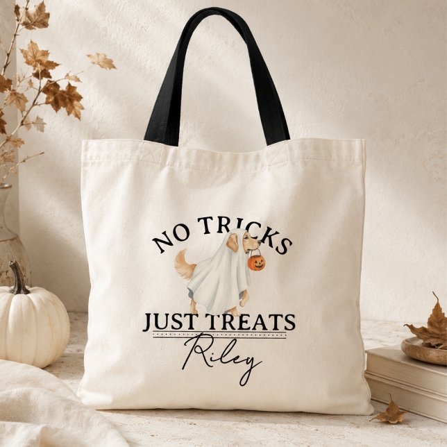 Inga tricks bara rolig Halloween-hund med hallowee Tygkasse (No Tricks Just Treat Funny Pun Ghost Dog Halloween Tote Bag)