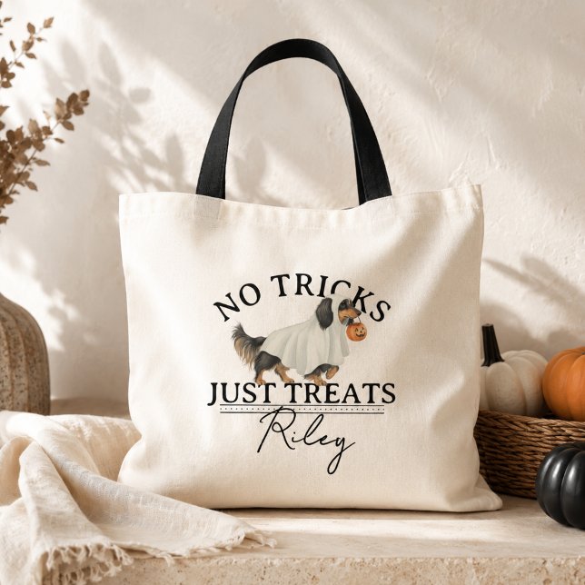 Inga tricks bara rolig Halloween-hund med skämt Tygkasse (No Tricks Just Treat Funny Pun Ghost Dog Halloween Tote Bag)
