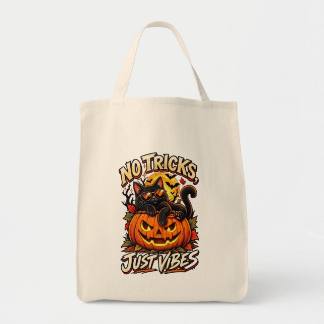 Inga tricks bara vibbar Halloween svart katt pumpa Tygkasse (Framsidan)