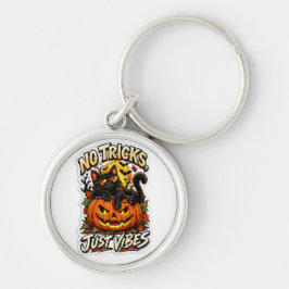Inga tricks bara vibbar Halloween svart kattnyckel Rund Silverfärgad Nyckelring