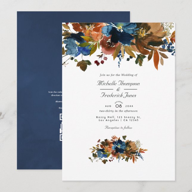 Ingefära och marinblå blomster QR-kod RSVP bröllop Inbjudningar (Fram/baksida)