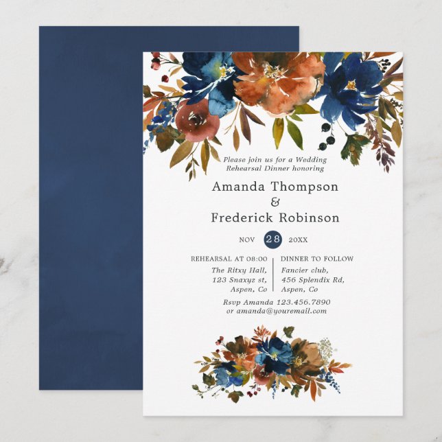 Ingefära och marinblå blomsterbröllopsprovgästabud inbjudningar (Fram/baksida)