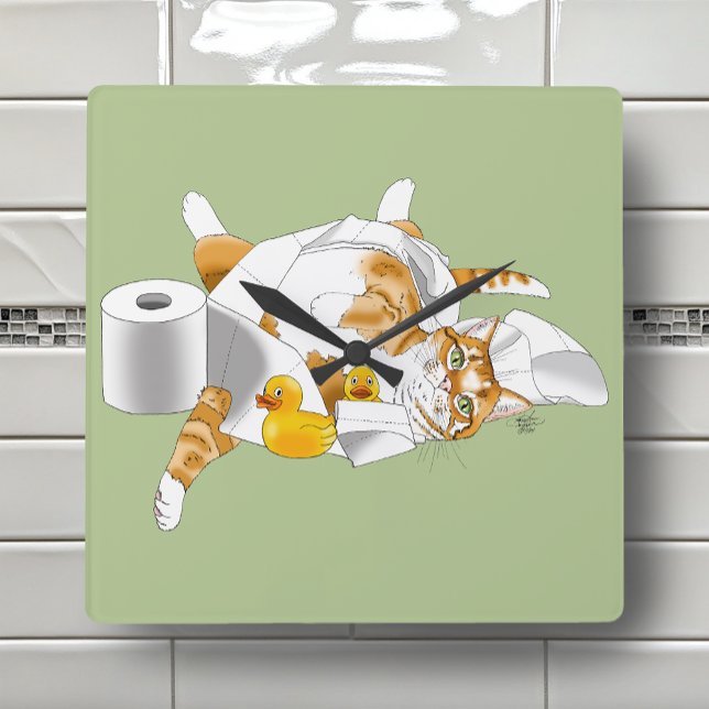 Ingefära Orange Katt Rolig Toalettpapper Grön Fyrkantig Klocka (Skapare uppladdad)