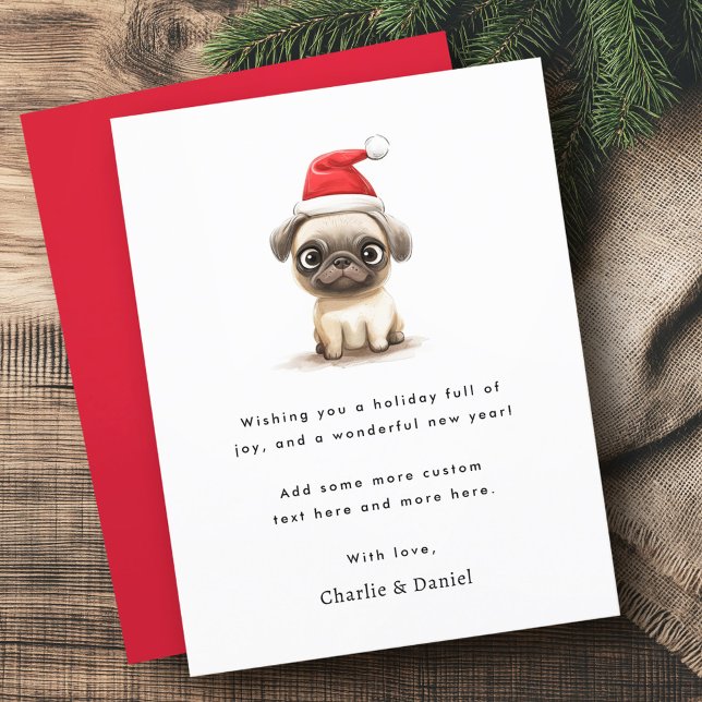 Ingen bild i God jul i julhatt Julkort (Cute pug in Santa hat Merry Christmas non photo Holiday Card)