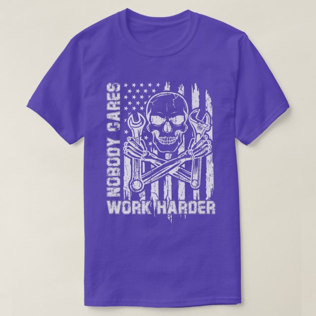Ingen bryr sig om Work Harder Skull Autocollant Am T Shirt (Design framsida)