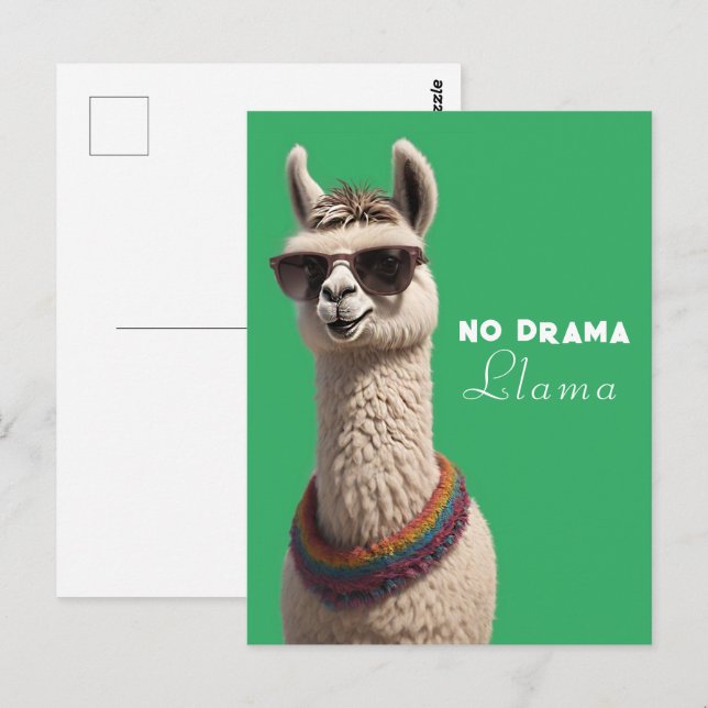 Ingen Drama Llama Funky Alpaca Sunglass Grönt Vykort (Fram/baksida)