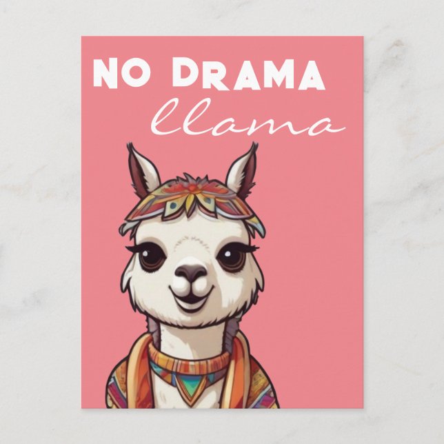 Ingen Drama Llama Funky Söt Alpaca Girly Rosa Vykort (Framsida)