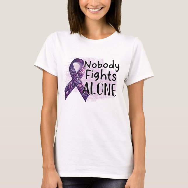 Ingen kämpar mot Ensamens Lila Ribbon Awareness T Shirt (Framsida)