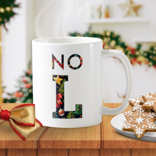 "Ingen L" Skämt Personlig Rolig Jul Kaffemugg (A funny Christmas mug with 'No L' caption in colorful letters, with custom name on the back)