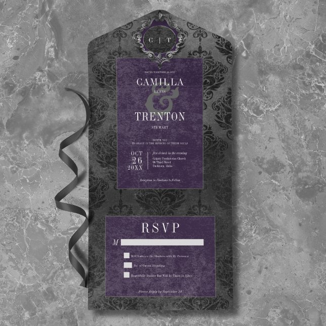 Ingen middag för mörk Gotham Black & Lila Damask (Dark Gothic Black & Purple Damask Dinner All In One Invitation)