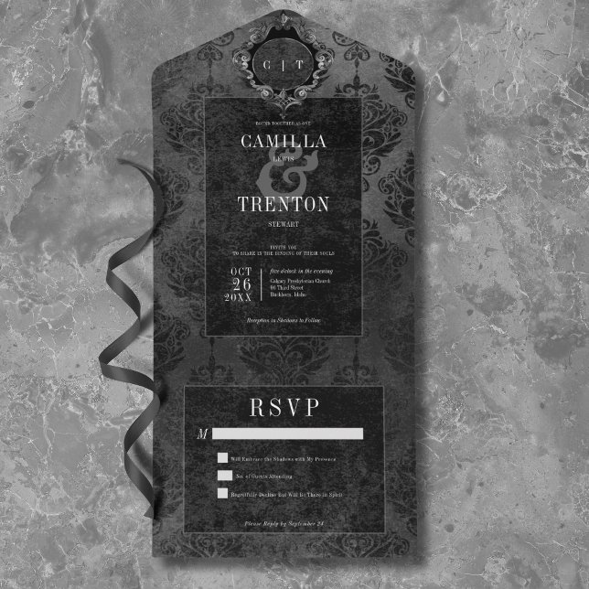 Ingen middag för mörk-gotisk svart och svart-maski (Dark Gothic Black & Black Damask No Dinner All In One Invitation)