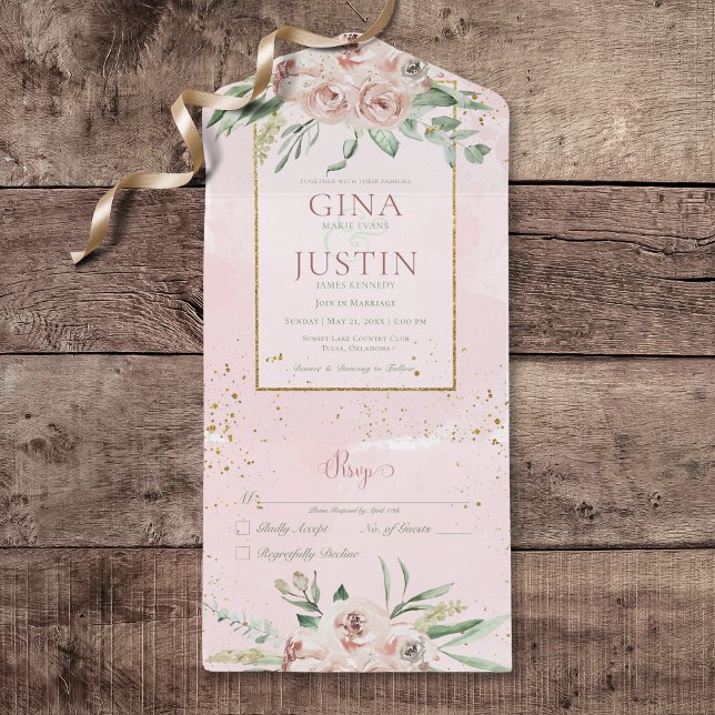 Ingen middag för  Rosa ros-accenter i Rustic Guld (Rustic Blush Pink Roses Gold Accents All In One Wedding Invitation without Dinner Options)