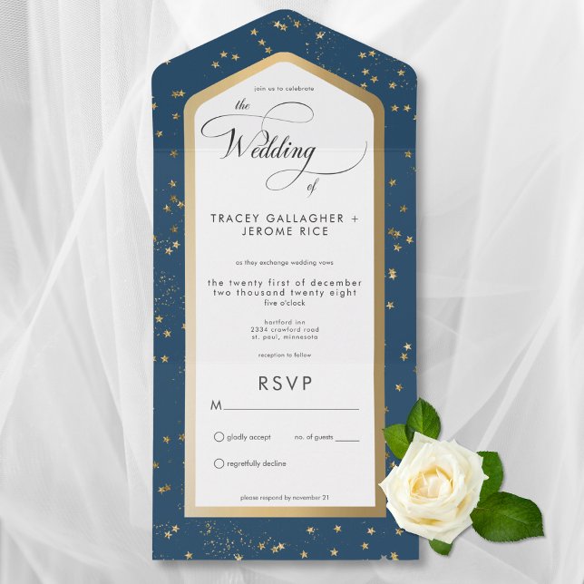 Ingen middag i Guld i Modern Blue & White Starry (Modern Blue & White Starry Gold All In One Wedding Invitation without Dinner Options)