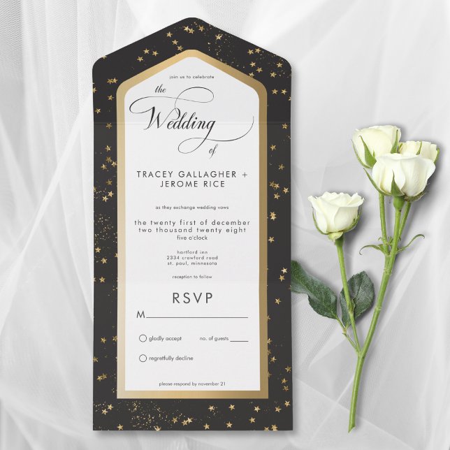 Ingen middag i Modern Black & White Starry Guld (Modern Black & White Starry Gold All In One Wedding Invitation without Dinner Options)