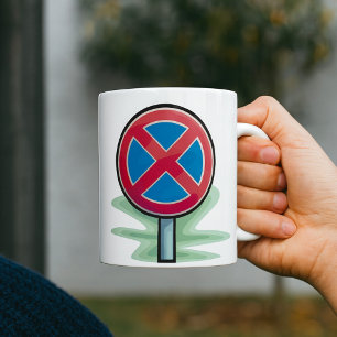 Ingen parkeringsvägskylt röd blå trafiksymbol kaffemugg