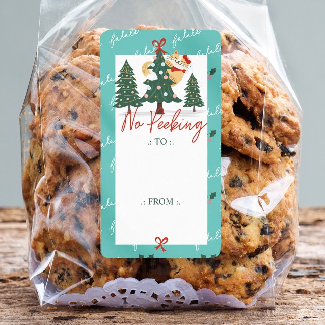 Ingen peeking Cute Peeking Cat Julgran Fraktsedel (No Peeking Cute Peeking Cat Christmas Tree Label)