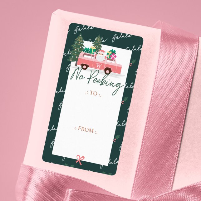 Ingen Peeking Santa's Comin till Rosa Retro Van Fraktsedel (No Peeking Santa's Comin' To Town Pink Retro Van Label)