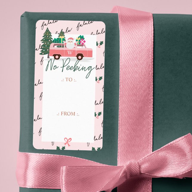 Ingen Peeking Santa's Comin till Rosa Retro Van Fraktsedel (No Peeking Santa's Comin' To Town Pink Retro Van Label)