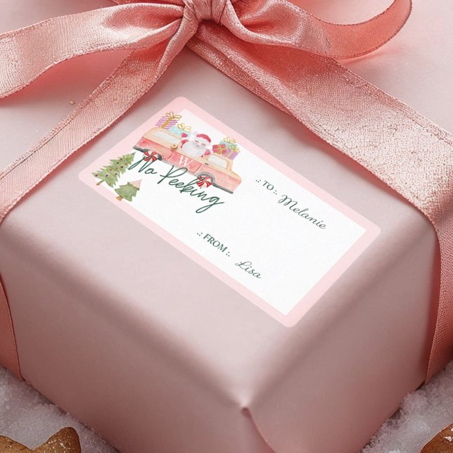 Ingen Peeking Santa's Comin till Rosa Van Label Fraktsedel (No Peeking Santa's Comin' To Town Pink Van Label)