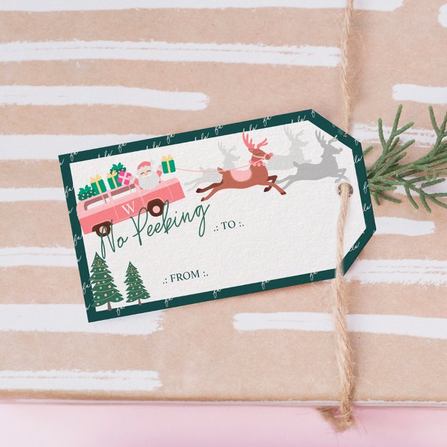 Ingen Peeking Santa's Comin till Rosa Van Presentetikett (No Peeking Santa's Comin' To Town Pink Van Gift Tags)