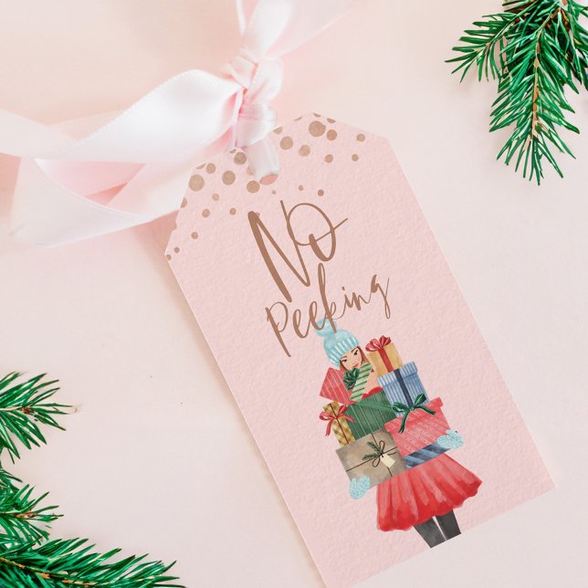 Ingen peeking Watercolor Girl Julklapp Presentetikett (No Peeking Watercolor Girl Christmas Presents Gift Tags)