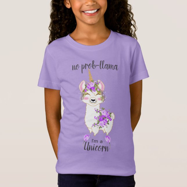 Ingen Prob-Llama - jag är en Unicorn-Lila-Blommigt T Shirt (Framsida)