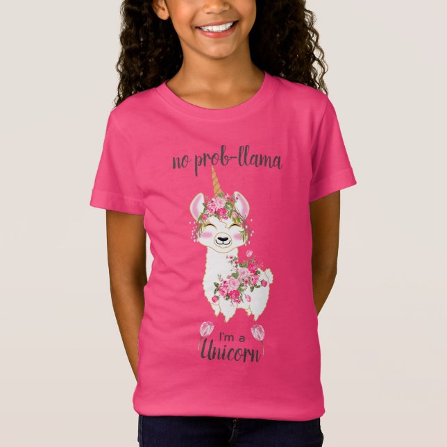 Ingen Prob-Llama - jag är en Unicorn-Rosa-Blommigt T Shirt (Framsida)
