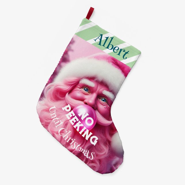 Ingen Rosa Bubble Gum Santa | Anpassat namn Stor Julstrumpa (Framsidan (Hängande))