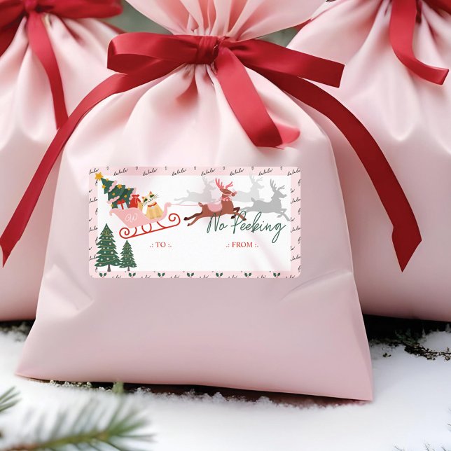 Ingen Rosa Santa's Sleigh & Reindeer till från Fraktsedel (No Peeking Pink Santa's Sleigh & Reindeer To From Label)