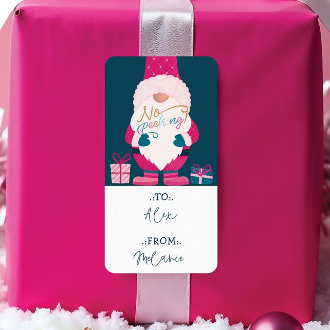 Ingen söt, ljus jultomten till och från adressetikett (No Peeking Bright Christmas Santa Gnome To & From Label)