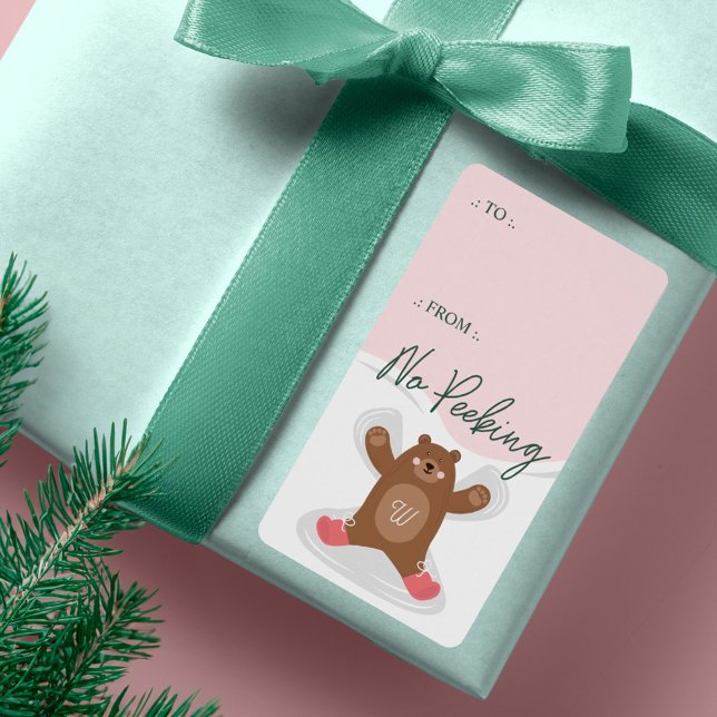 Ingen trädsskiva med Snö-ängel från Fraktsedel (No Peeking Woodland Bear Snow Angel To From Label)