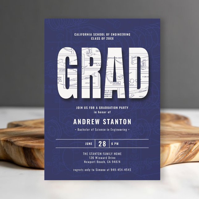 Ingenjörskonst Studenten Ingenjör Blue White Party Inbjudningar (engineering engineer graduation ceremony party invitation navy blue white template minimalist modern)