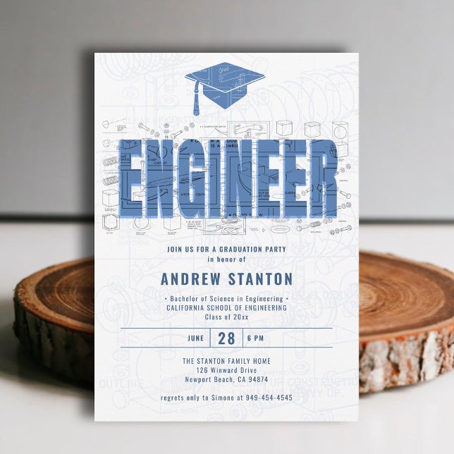 Ingenjörskonst Studenten Ingenjör Cap White Party Inbjudningar (engineering engineer graduation ceremony party invitation white blue grad cap modern minimalist)