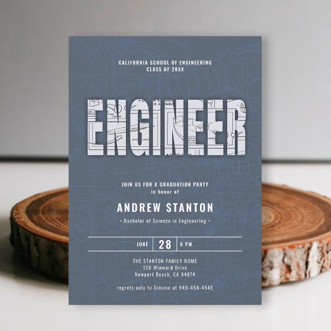 Ingenjörskonst Studenten Ingenjör Steel White Part Inbjudningar (engineering engineer graduation ceremony party invitation gray white template modern minimalist)