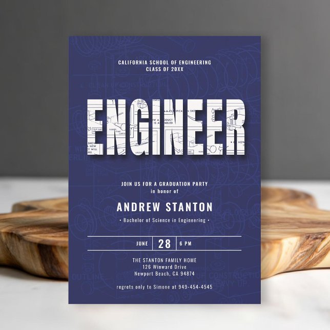 Ingenjörskonst Studenten Ingenjör Vita Party Inbjudningar (engineering engineer graduation ceremony party invitation navy blue white template modern minimalist)