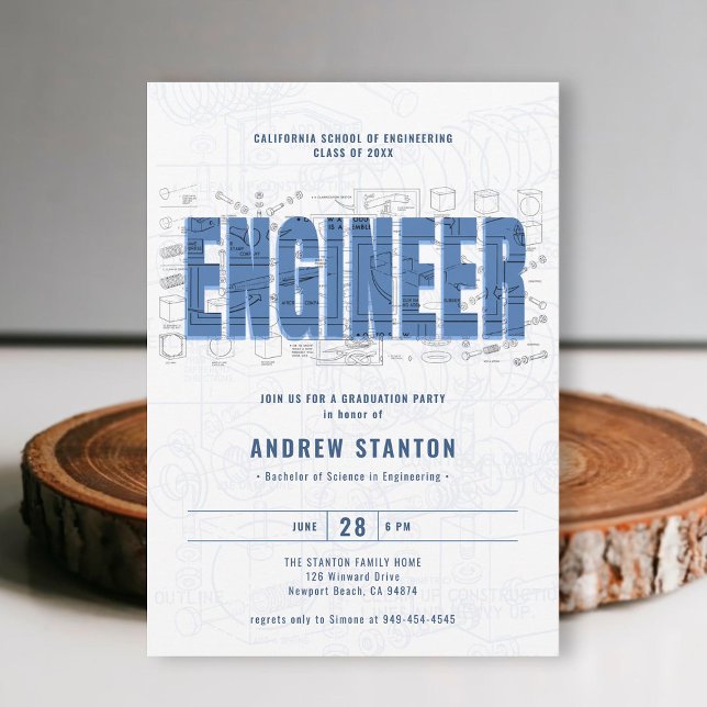 Ingenjörskonst Studenten Ingenjör White Draft Part Inbjudningar (engineering engineer graduation ceremony party invitation white blue template modern minimalist)
