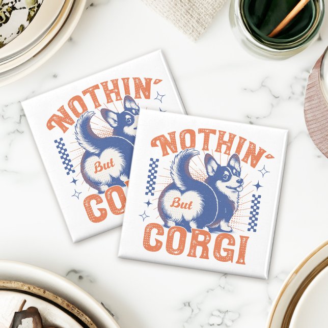Ingenting annat än Corgi - Retro Orange och Navy F Magnet (This design features a playful retro corgi graphic with its adorable butt as the main focal point!)