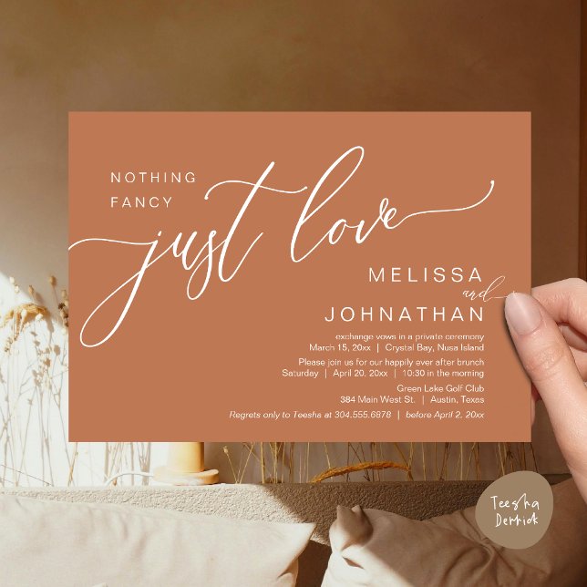 Ingenting Finare Just Kärlek, Bröllop Elopement Br Inbjudningar (Celebrate with us, Nothing Fancy Just Love, Romantic Wedding Brunch Invitation Card PDF Copper Brown)