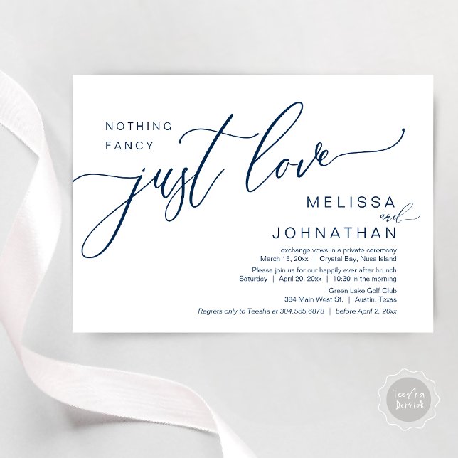 Ingenting Finare Just Kärlek, Bröllop Elopement Br Inbjudningar (Celebrate with us, Nothing Fancy Just Love, Romantic Wedding Brunch Invitation Card PDF Navy Blue)