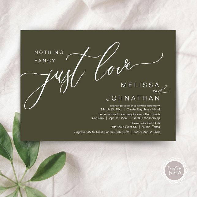Ingenting Finare Just Kärlek, Bröllop Elopement Br Inbjudningar (Celebrate with us, Nothing Fancy Just Love, Romantic Wedding Brunch Invitation Card PDF Olive Green)