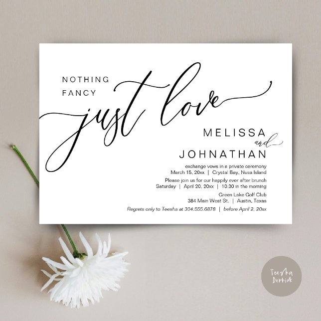 Ingenting Finare Just Kärlek, Bröllop Elopement Br Inbjudningar (Celebrate with us, Nothing Fancy Just Love, Romantic Wedding Brunch Invitation Card PDF Black White)