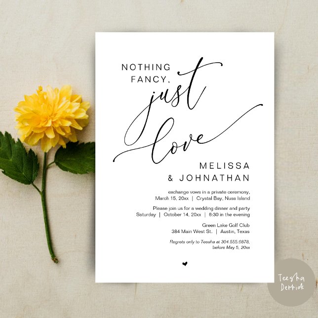 Ingenting Finare, Just Kärlek, Bröllop Elopement Inbjudningar (Nothing Fancy, Just Love, Wedding Elopement Dinner Party Invitation Card, PDF, In Black and White)